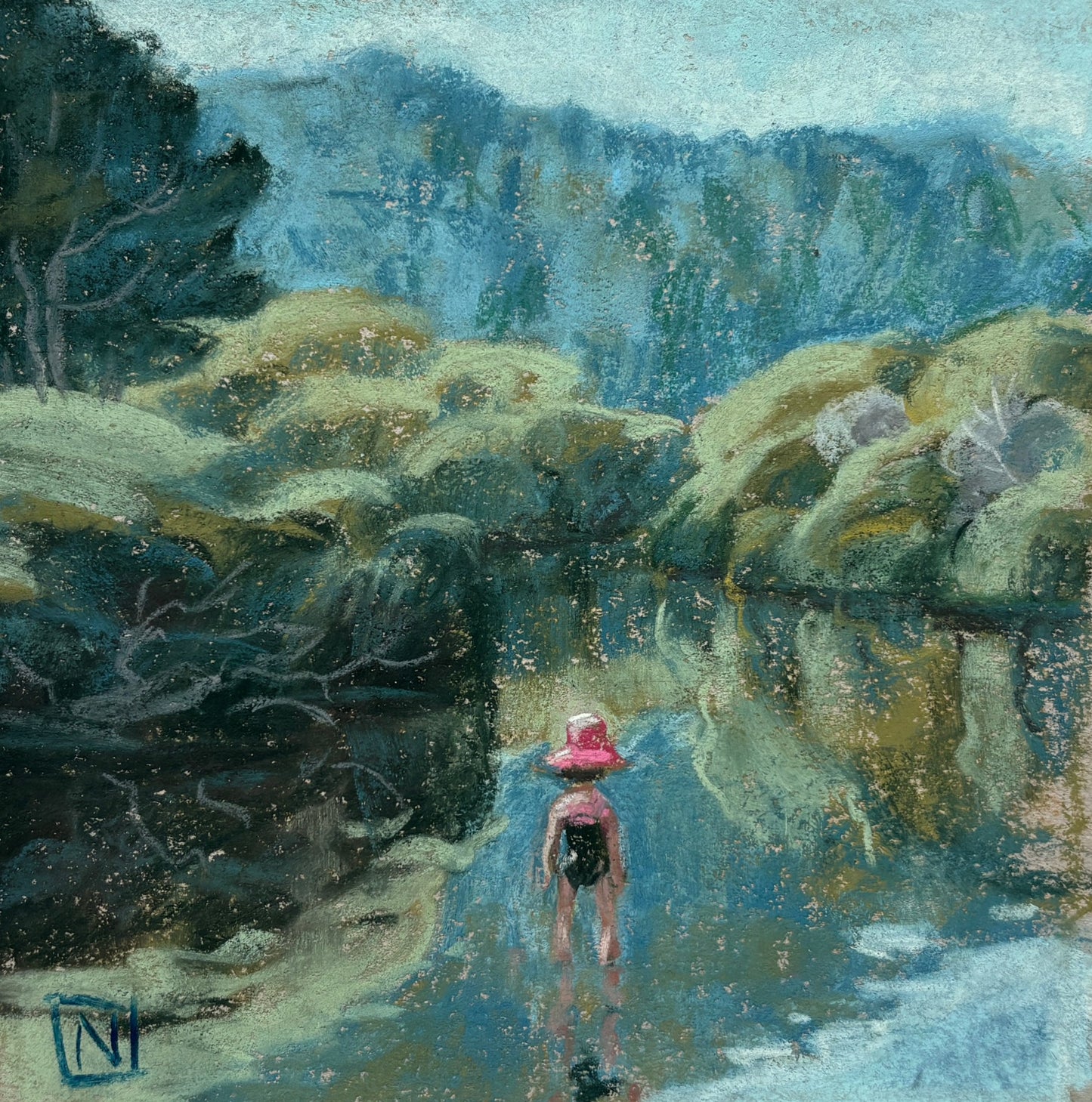 Noah Klocek, Reflecting, Pastel on Sketchbook Paper, 5 X 5"