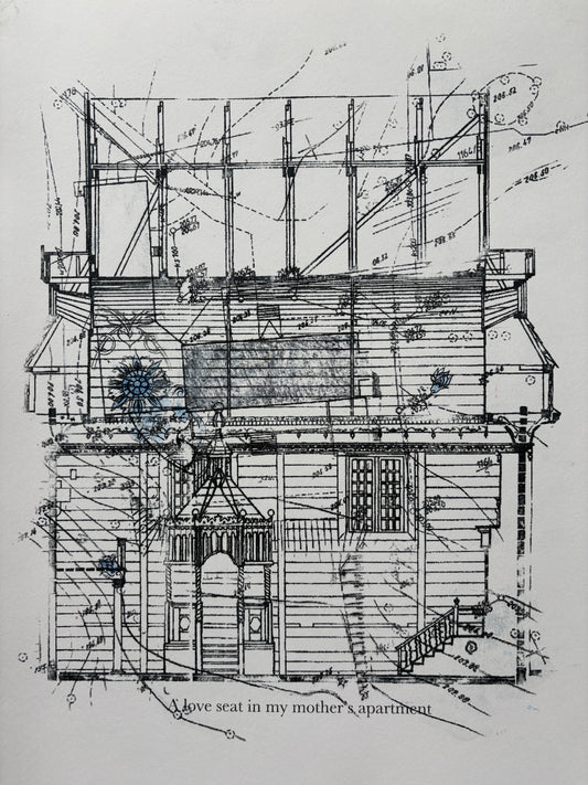 Maya Ciarrocchi, A Love Seat, Monotype with Blue Graphite on Watercolor Paper, 16 X 12"