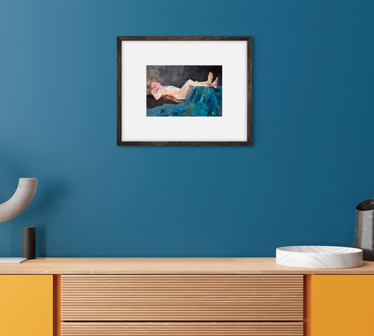 Rona Liu, Reclining Nude 4, Acrylic on Crescent Board, 5 X 7 1/2"