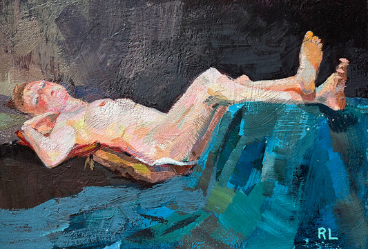 Rona Liu, Reclining Nude 4, Acrylic on Crescent Board, 5 X 7 1/2"