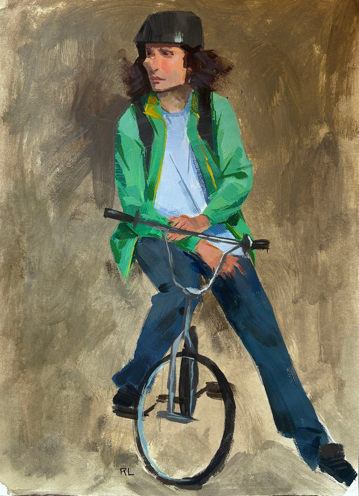 Rona Liu, Figure on a Bike, Acrylic on Watercolor Paper, 15 X 11"