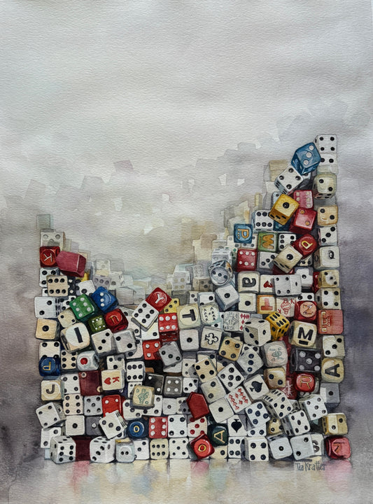 Tia Kratter, Stacked Dice, Watercolor, 19 1/2 X 15"