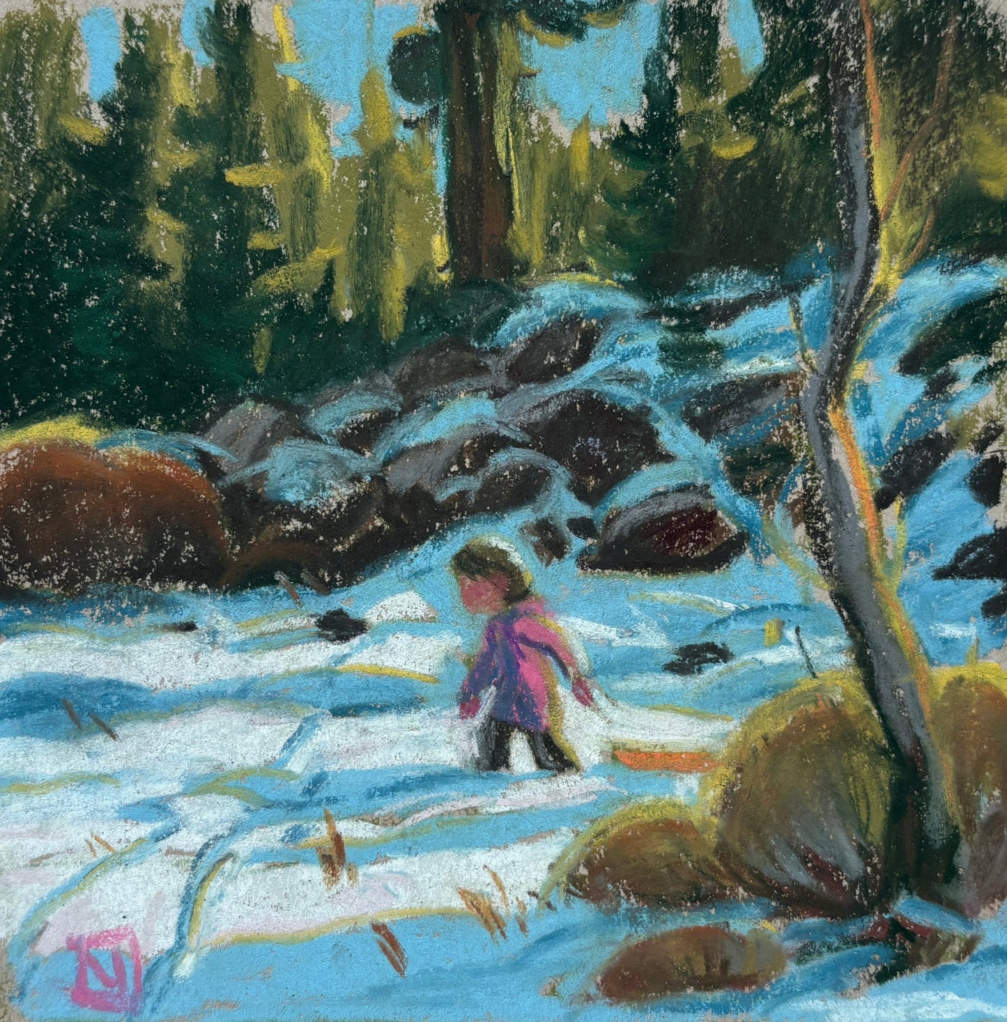 Noah Klocek, Bitter Cold, Pastel on Sketchbook Paper, 4 1/2 X 4 1/2"