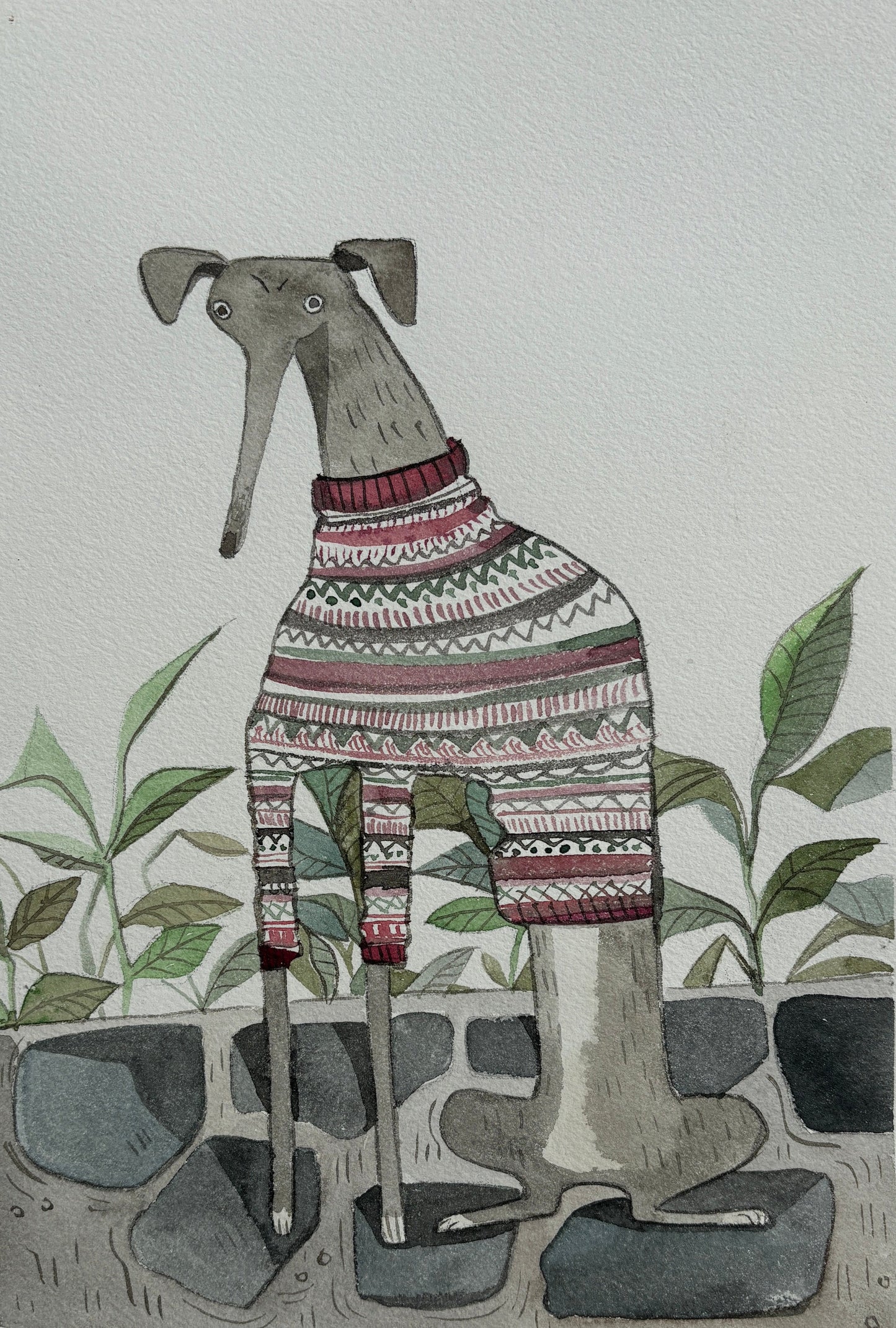 Crystal Kung, Dog in Sweater, Watercolor, 12 X 9"