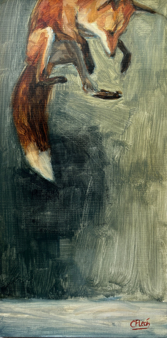 Carlos Felipe León, Diving Fox, Oil on Paper, 12 X 6"