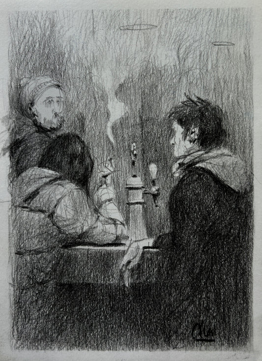 Carlos Felipe León, Au Comptoir, Graphite on Paper, 7 1/2 X 5 1/2"