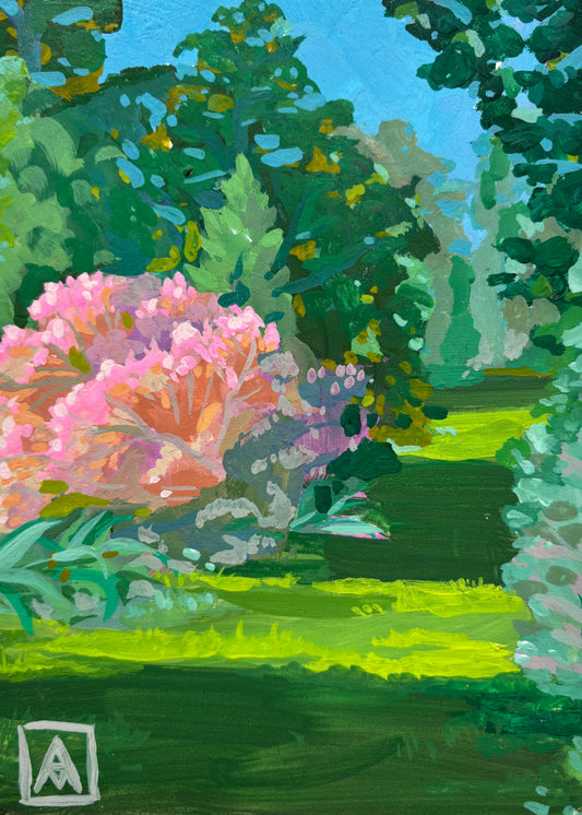 Alyssa Minko, A Pink Bush in Golden Gate Park en Plein Air, Gouache on Gessoboard, 7 X 5"