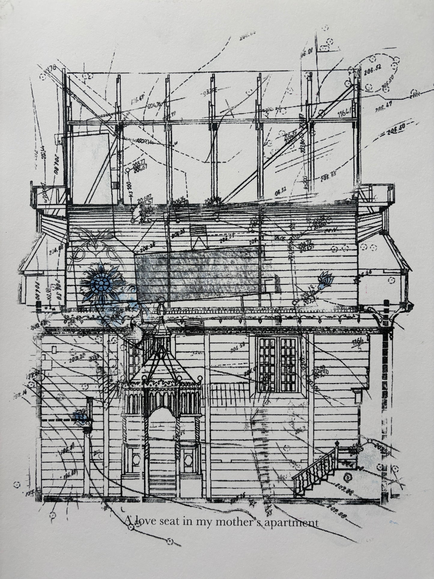 Maya Ciarrocchi, A Love Seat, Monotype with Blue Graphite on Watercolor Paper, 16 X 12"