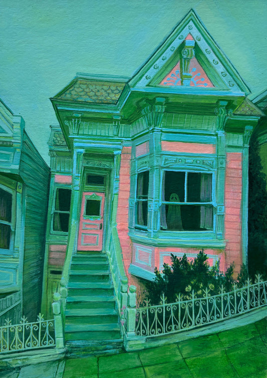 Jenna Spurlock, Haunted Pink House, Gouache on Paper, 8 X 6"