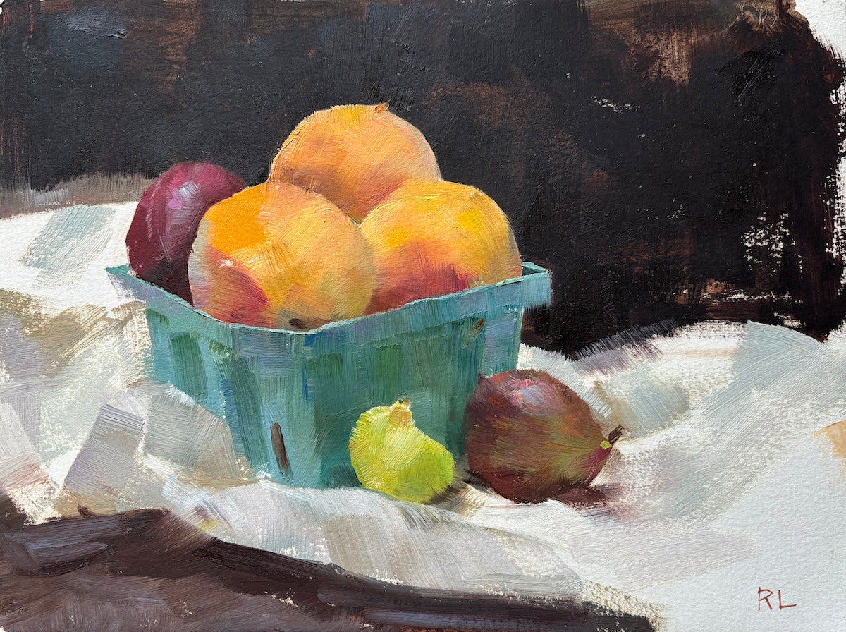 Rona Liu, Peaches and Figs, Oil on Paper, 9 X 12"