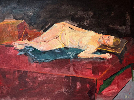 Rona Liu, Reclining Nude 1, Acrylic on Watercolor Paper, 8 1/2 X 12"