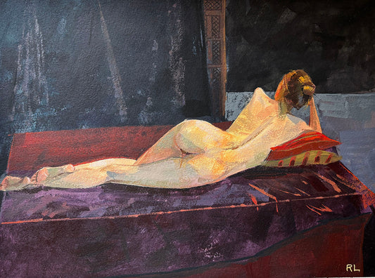 Rona Liu, Reclining Nude 2, Acrylic on Watercolor Paper, 10 X 13"