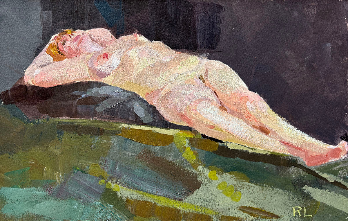 Rona Liu, Reclining Nude 3, Acrylic on Crescent Board, 6 X 9"