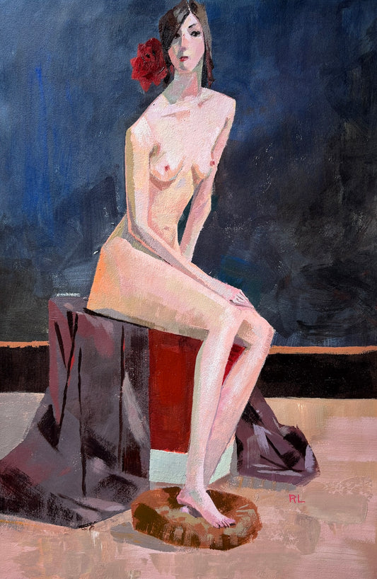 Rona Liu, Seated Nude 1, Acrylic on Rives Paper, 20 X 13"