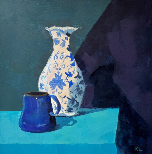 Rona Liu, Still Life in Blue, Acrylic on Watercolor Paper, 8 X 8"