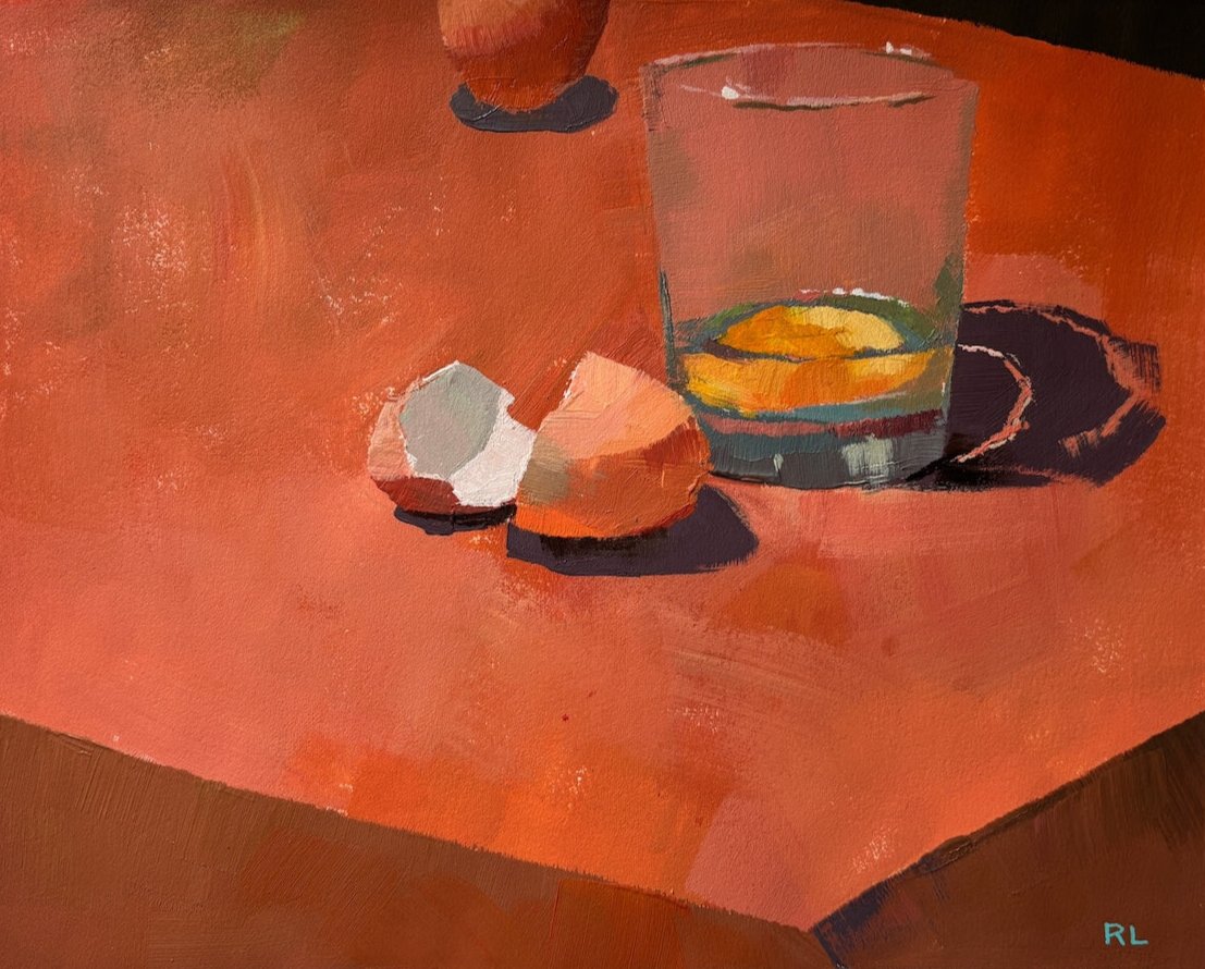 Rona Liu, Still Life in Orange, Acrylic on Rives Paper, 9 X 11"