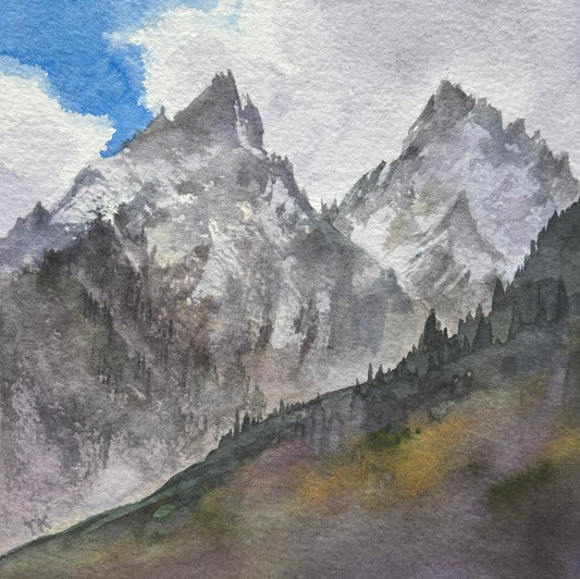 Tia Kratter, String Lake Watchtowers, Watercolor on Watercolor Paper, 6 1/2 X 6 1/2